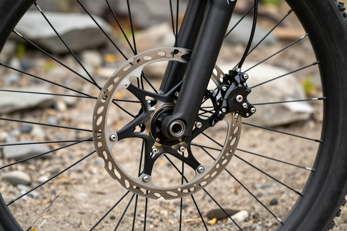 Zbliżenie na układ hamulcowy roweru górskiego, ukazujące tarczę, klocki i zacisk.