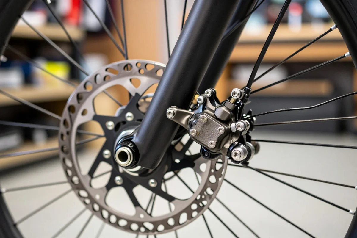 Blisko zdjęcie układu hamulcowego roweru górskiego z nowymi klockami.
