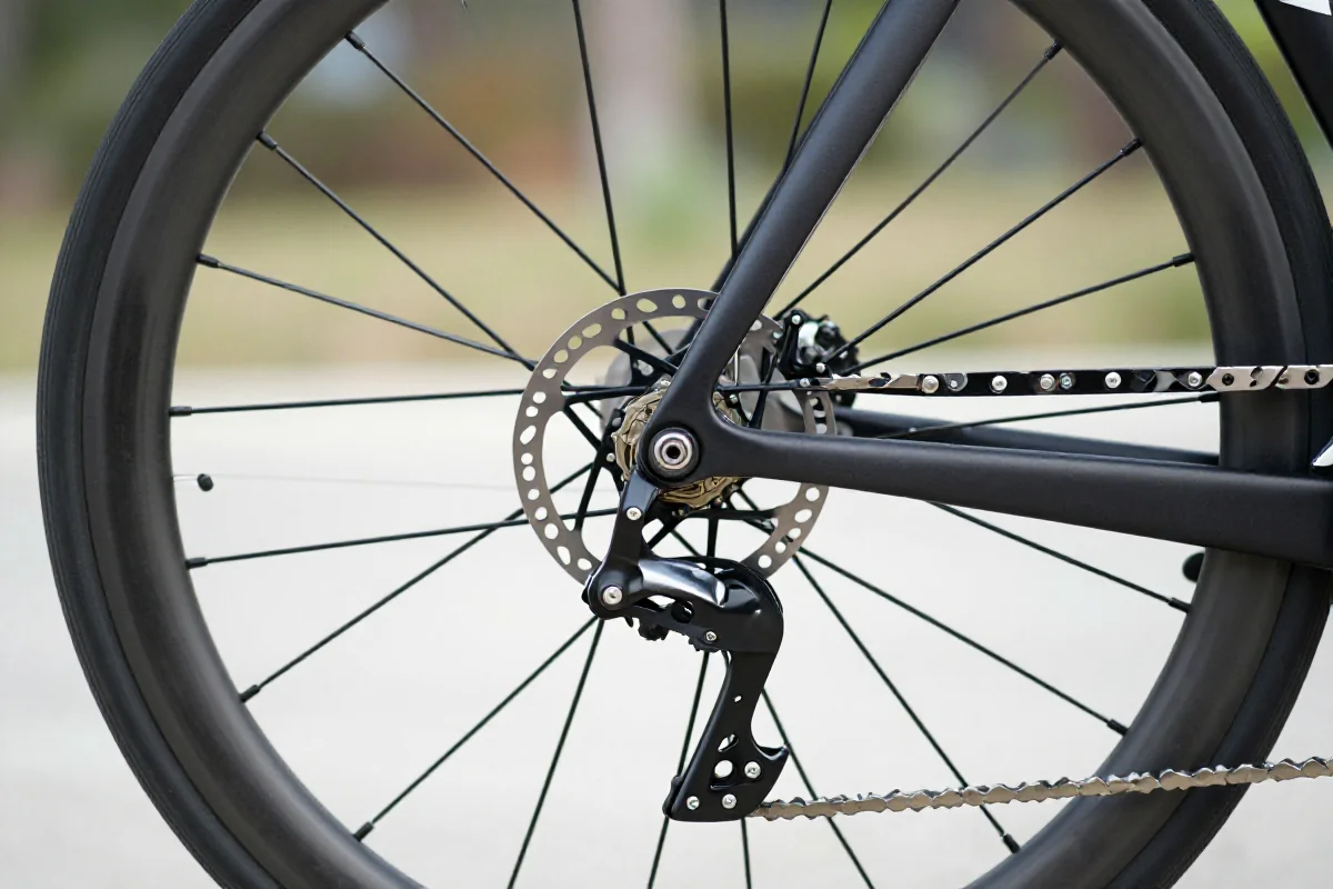 Zbliżenie na hamulce szczękowe typu dual-pivot na rowerze szosowym.