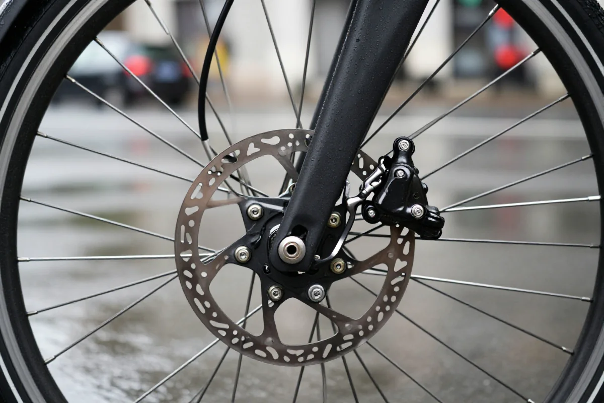 Zbliżenie na mechaniczne hamulce tarczowe w deszczowej scenerii roweru miejskiego.