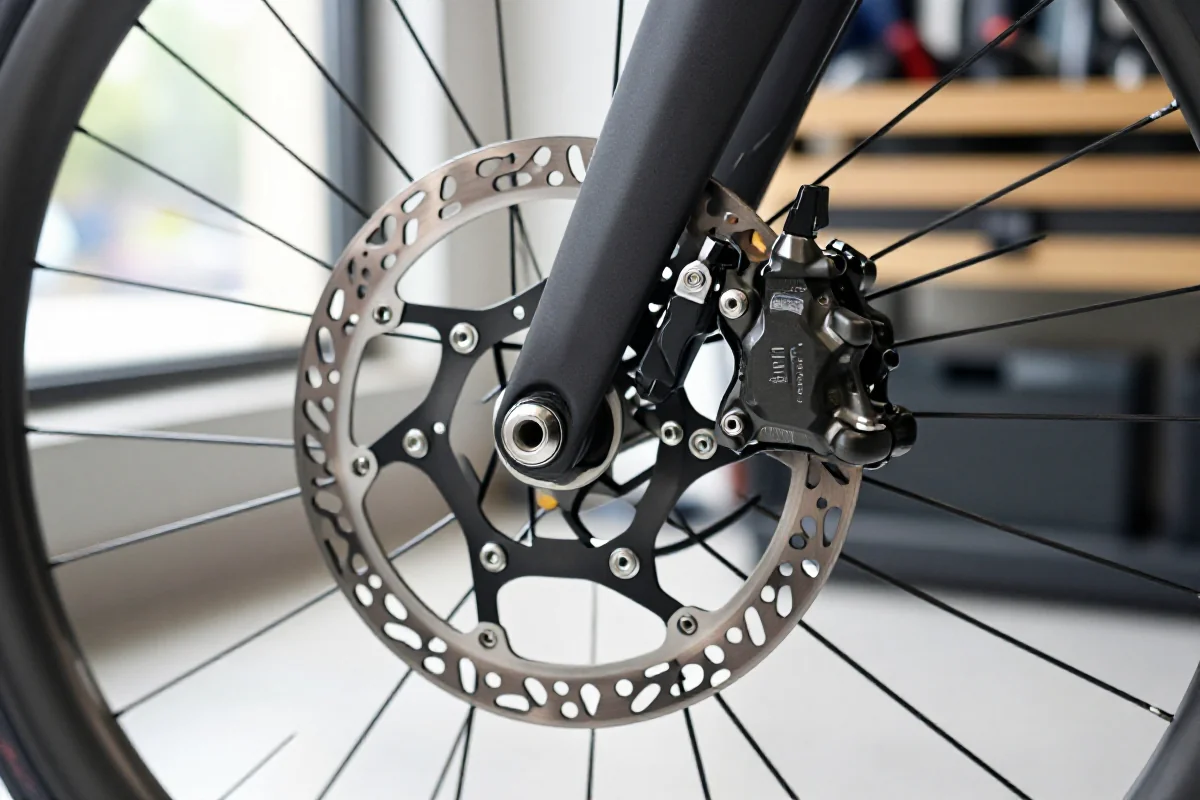Zbliżenie hamulców tarczowych na rowerze szosowym, pokazujące szczegóły komponentów.
