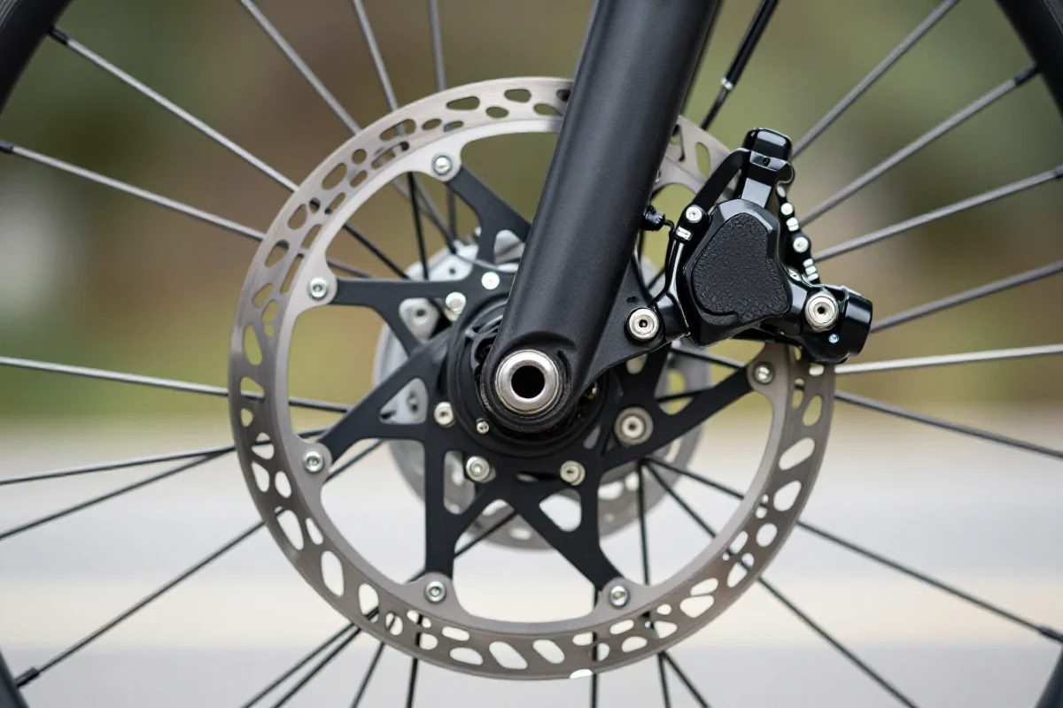 Zbliżenie na system hamulców tarczowych w rowerze miejskim.