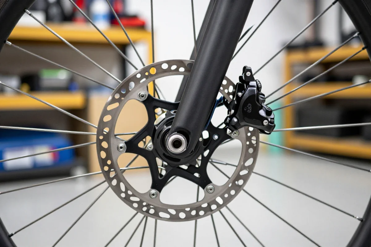 Widok na system hamulców tarczowych roweru szosowego w warsztacie.