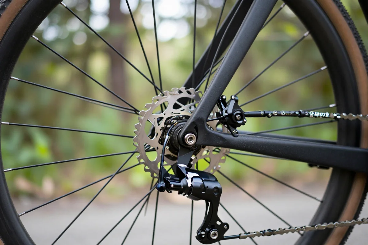 Zbliżenie na hamulce cantilever w rowerze CX w naturalnym otoczeniu.