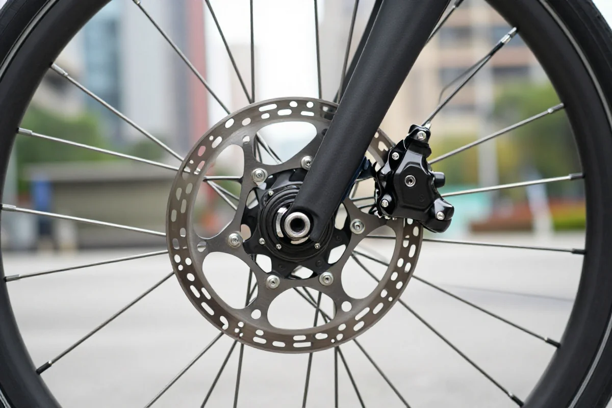 Hamulce tarczowe mechaniczne w rowerze miejskim w miejskim otoczeniu.