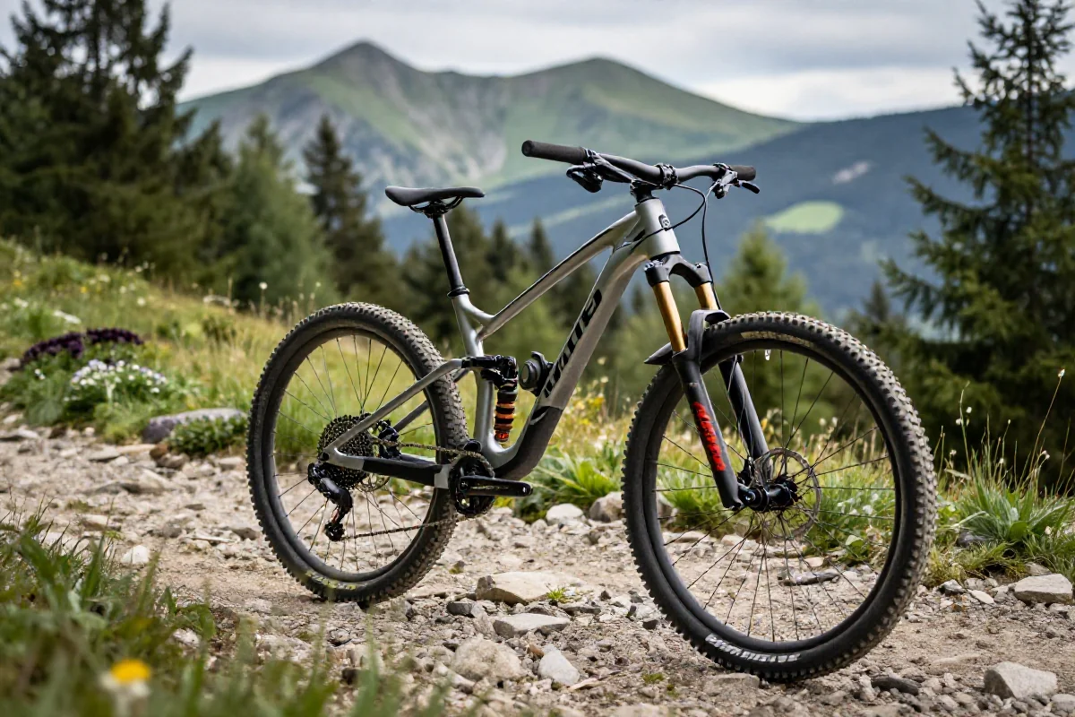 Rower górski hardtail na szlaku w polskich górach, otoczony zielenią.