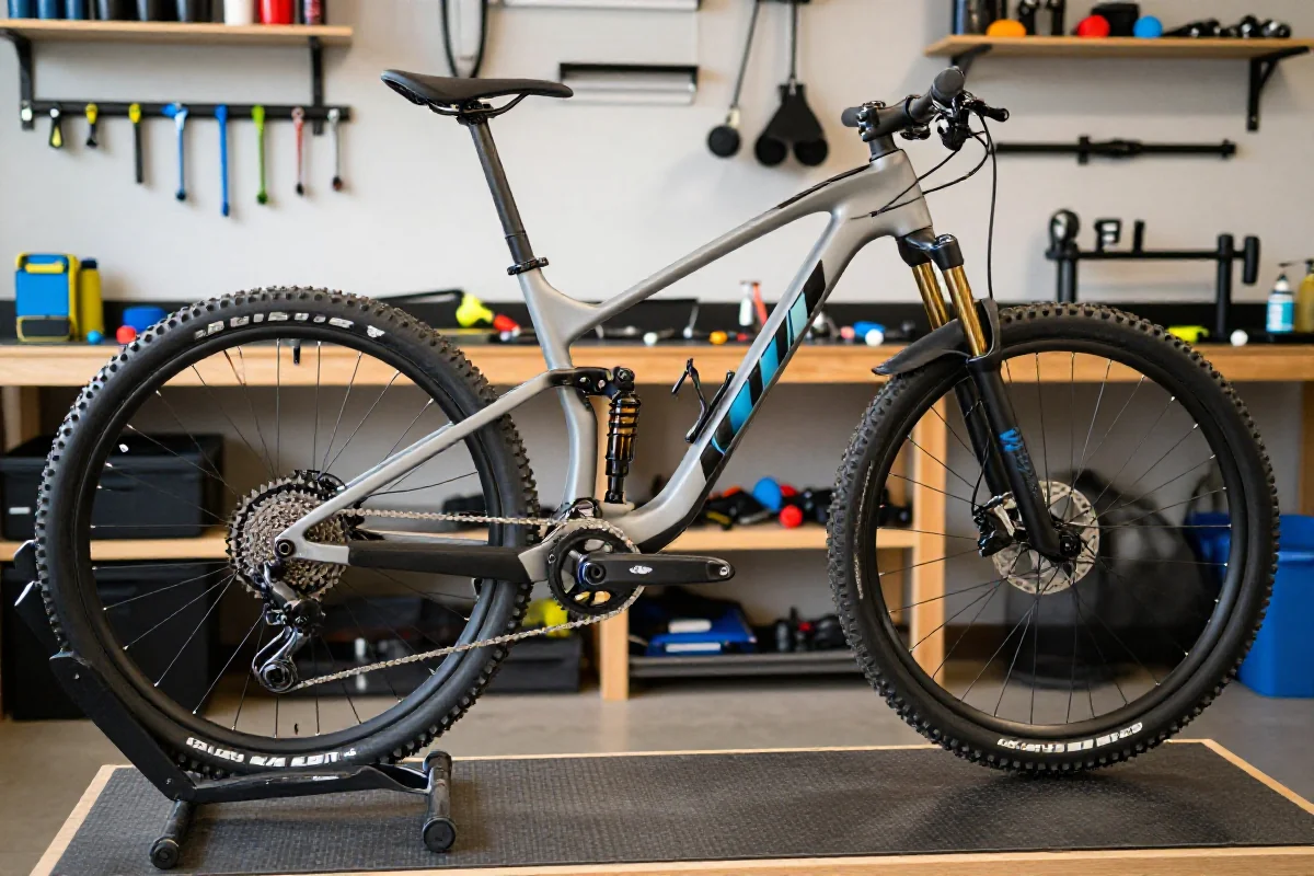 Nowoczesny rower górski w warsztacie, idealny do serwisowania MTB.