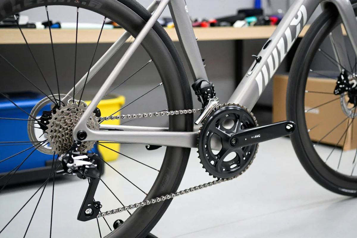 Szczegółowy widok komponentów roweru szosowego w warsztacie serwisowym.