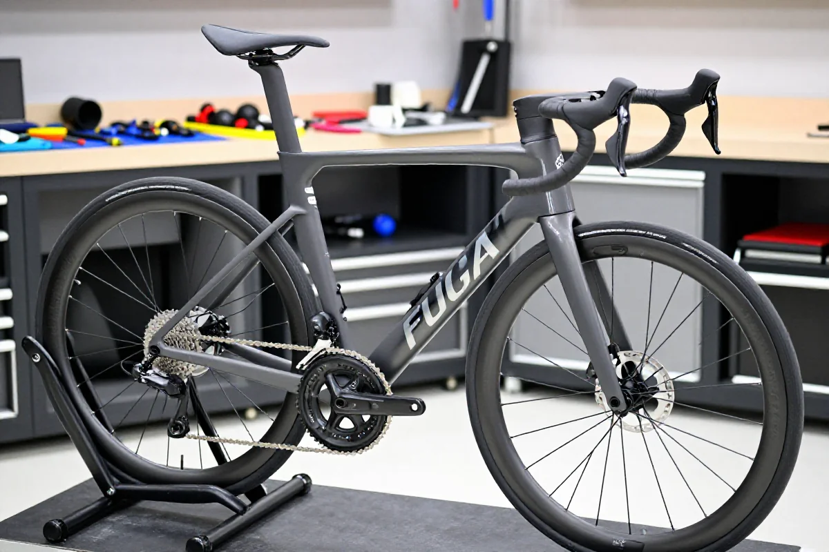 Nowoczesny rower szosowy w warsztacie, szczegóły komponentów, serwis i konserwacja