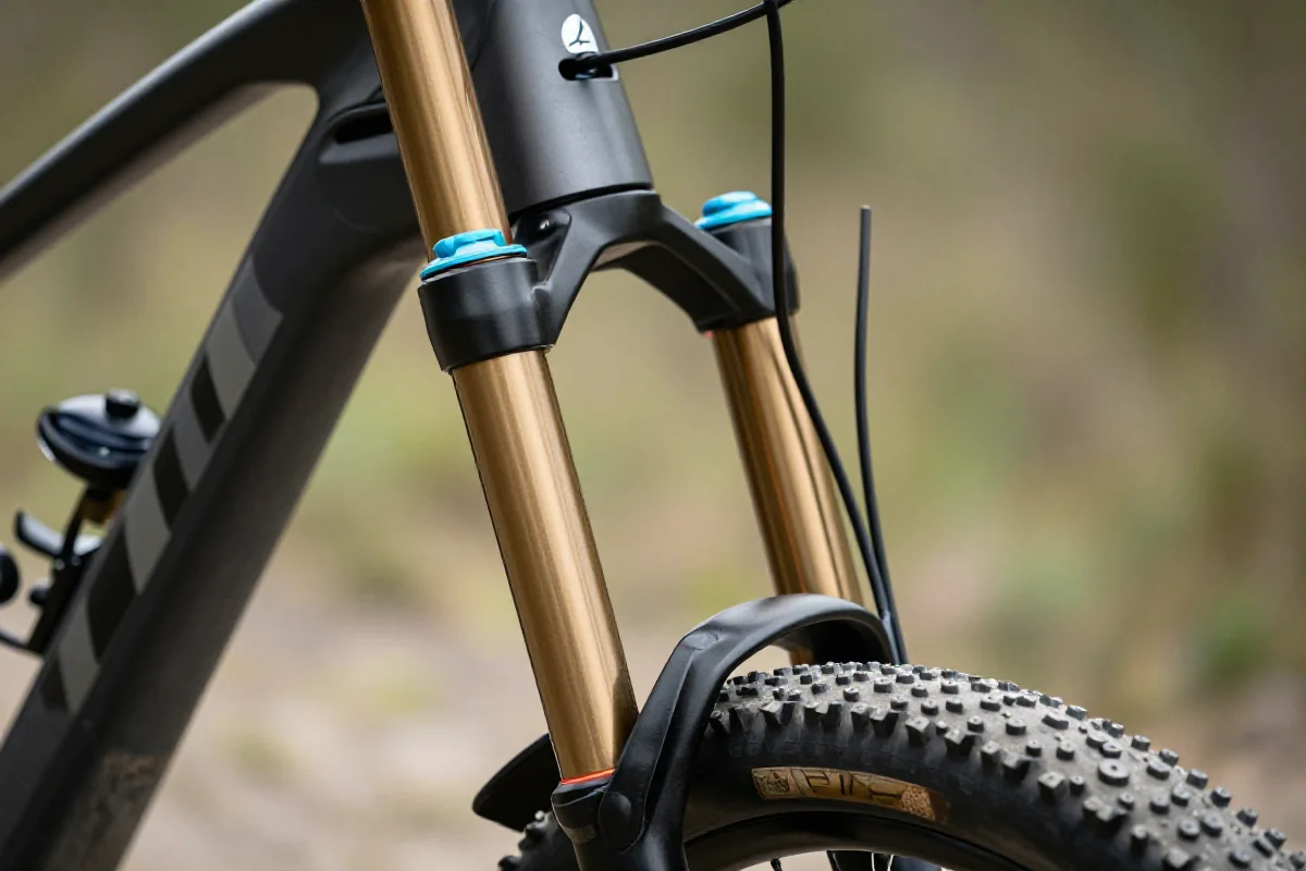 Zbliżenie na widelec amortyzowany do roweru górskiego, szczegóły uszczelek i tłumienia.