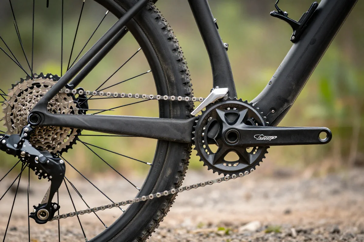 Szczegóły napędu roweru górskiego, w tym łańcuch i zębatki.