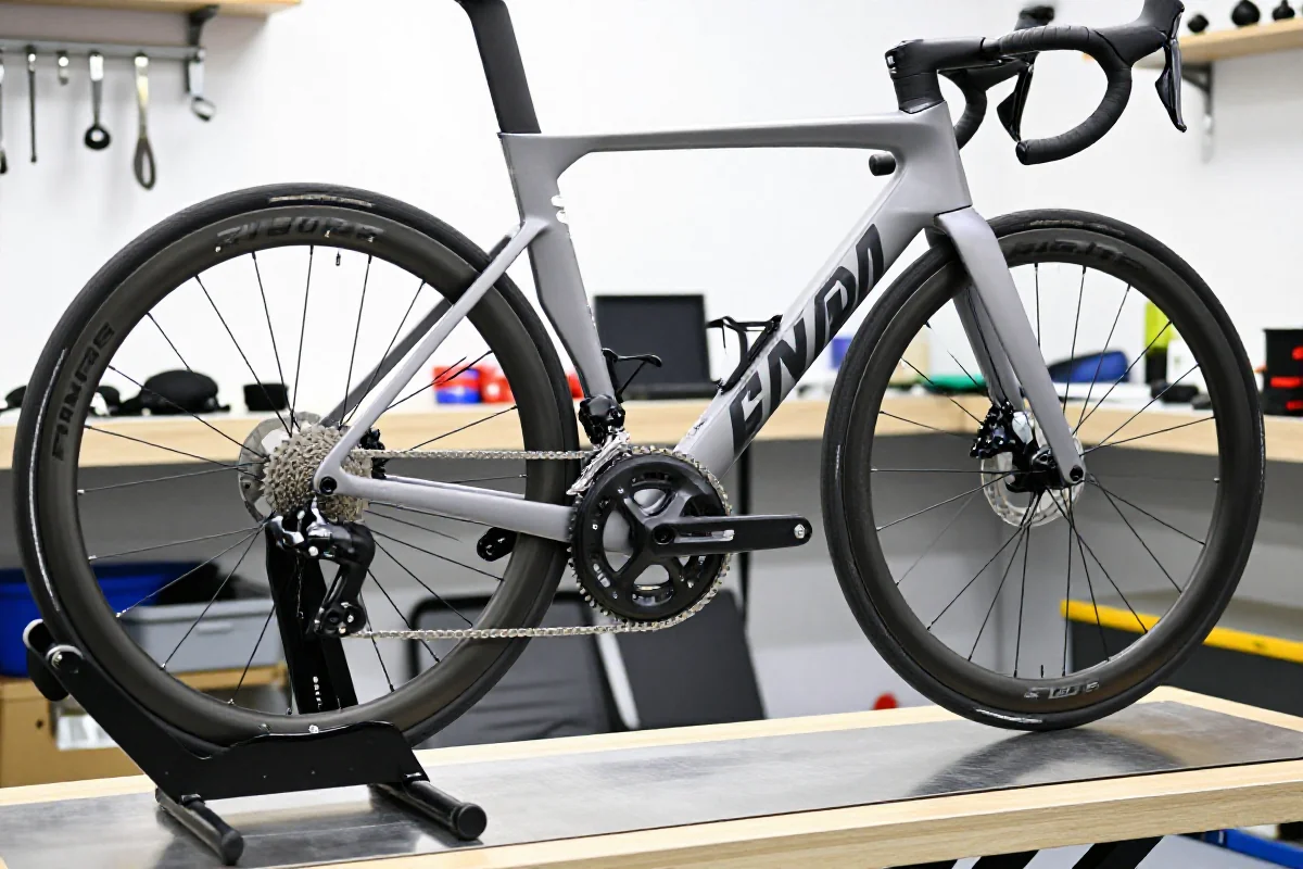 Rower szosowy w warsztacie, przygotowany do przeglądu okresowego.