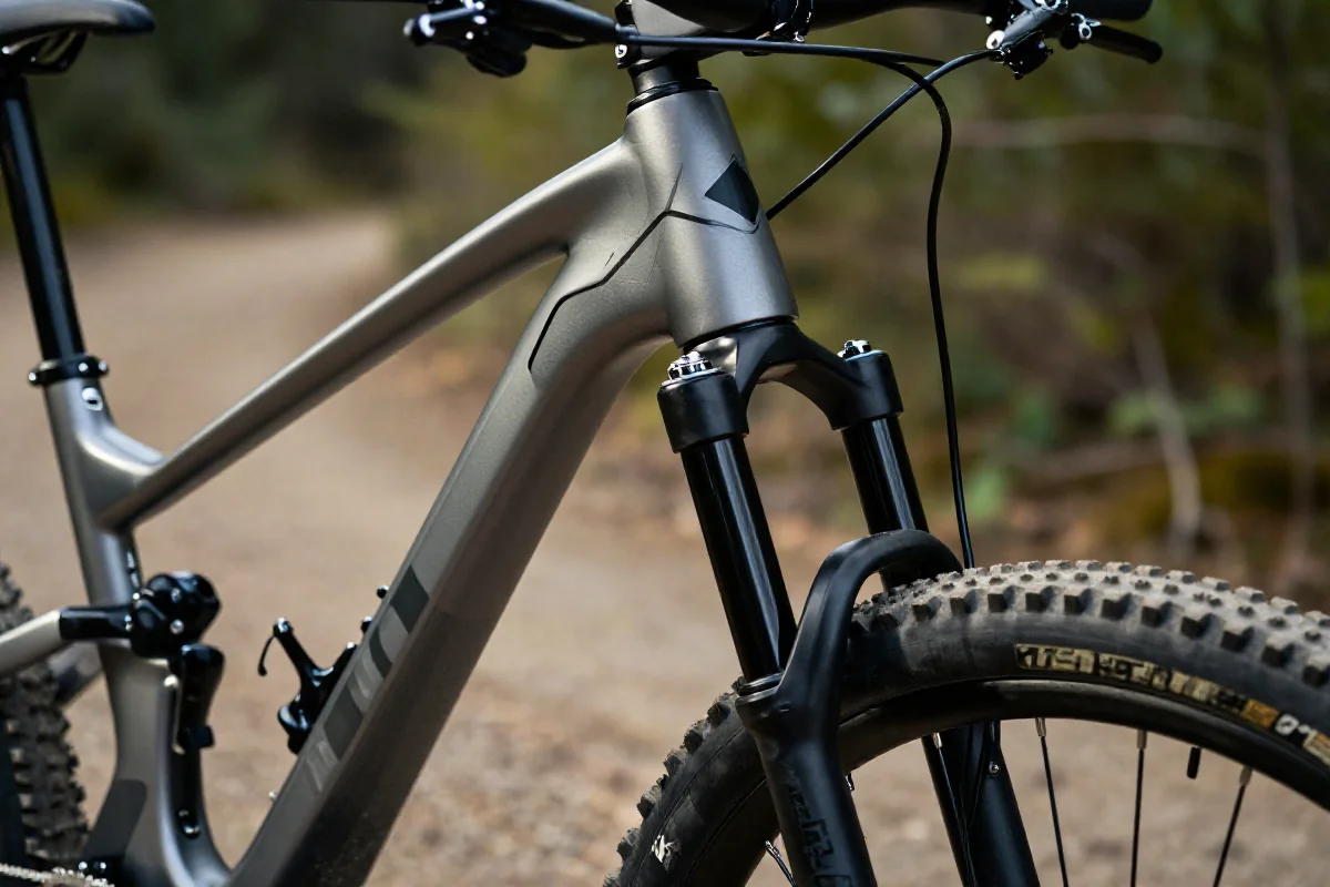 Geometria kąta główki ramy roweru górskiego na tle leśnej ścieżki.