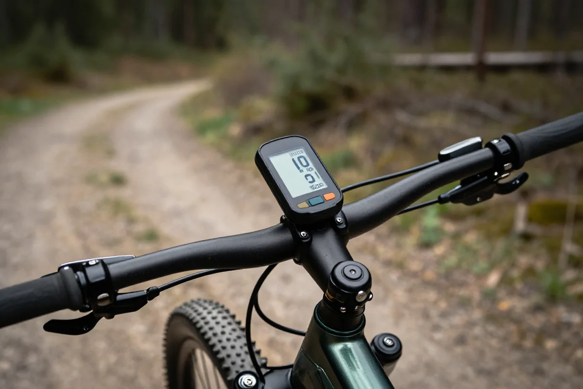 Monitor tętna na kierownicy roweru górskiego w lesie.