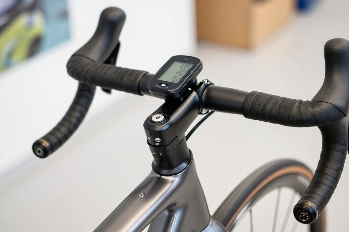 Zbliżenie na kierownicę roweru z monitorem tętna, pokazującym dane treningowe.