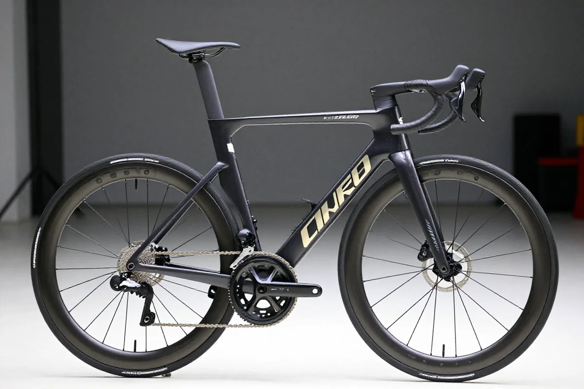 Aerodynamic rower szosowy z aerodynamicznymi komponentami i nowoczesnym designem.