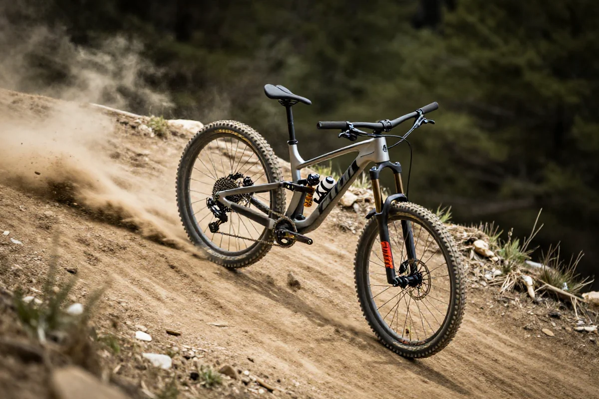 Rower górski pokonujący bermę na trasie MTB.