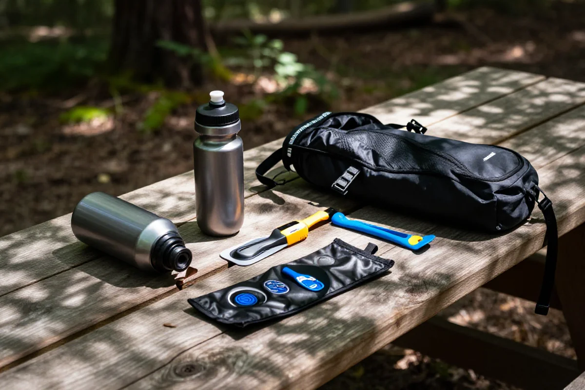 Kluczowe akcesoria higieniczne na wyprawę MTB, w tym bidon i bukłak.