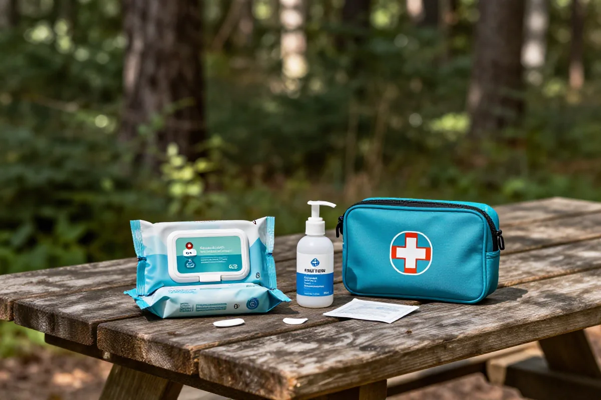 Podstawowe akcesoria higieniczne i pierwszej pomocy dla rowerzystów w lesie.