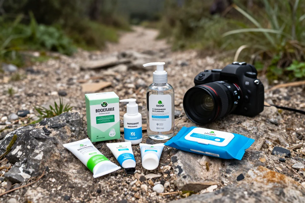 Zestaw produktów higienicznych dla rowerzystów MTB na szlaku