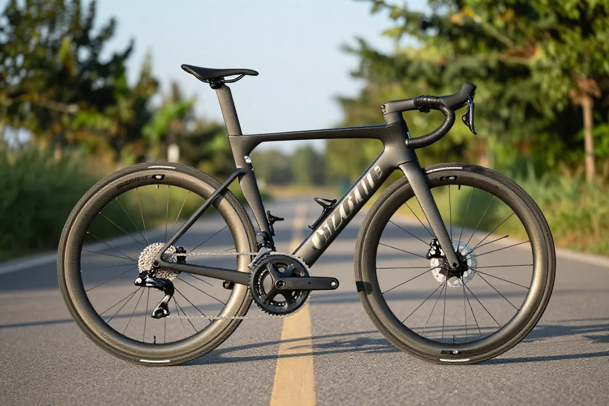 Szczegółowy obraz nowoczesnego roweru szosowego na drodze asfaltowej.