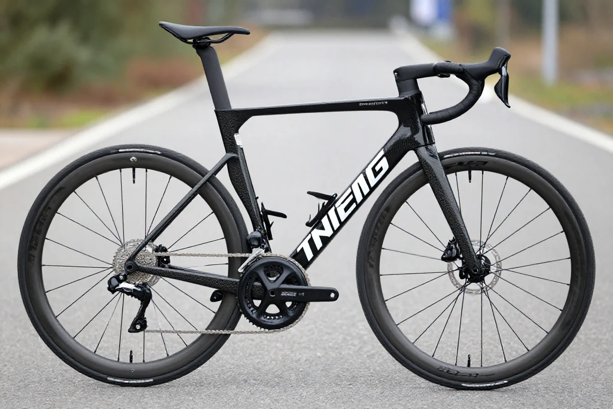 Nowoczesny rower szosowy typu endurance z szerokimi oponami na asfalcie.