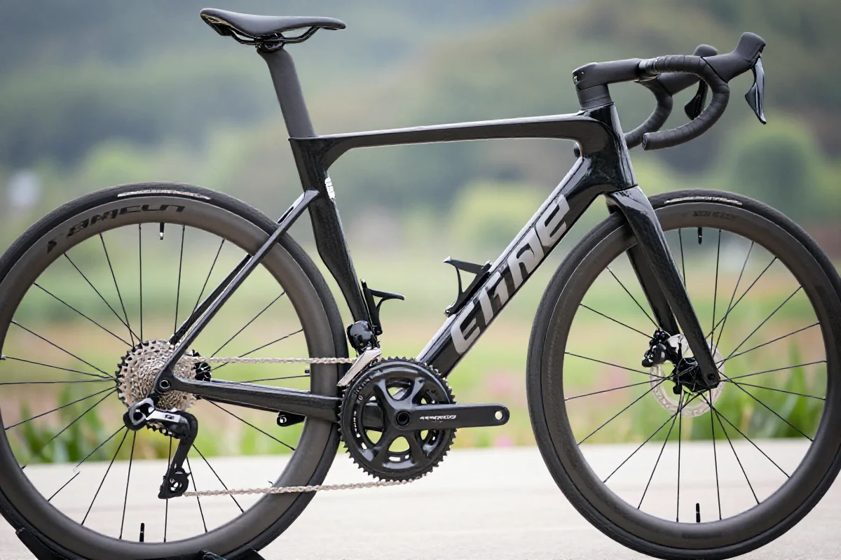 Nowoczesny rower szosowy z karbonową ramą i zaawansowanym systemem przerzutek.
