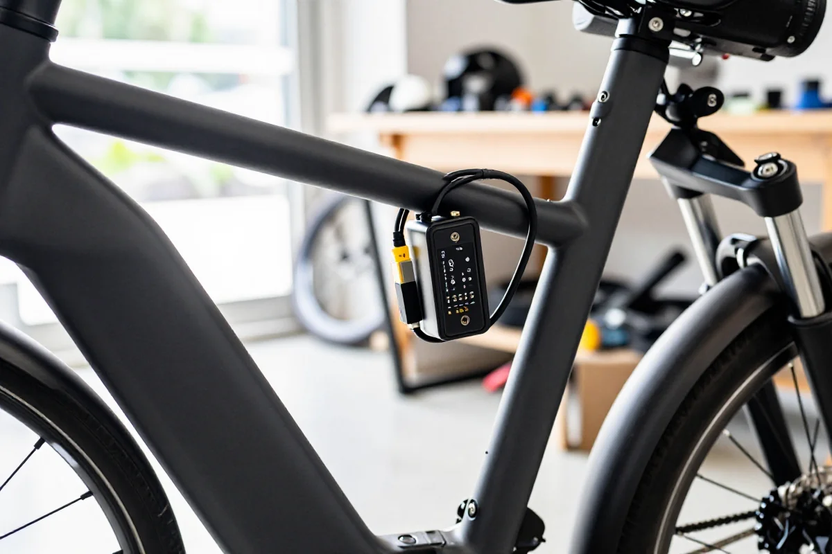 Moduł komunikacyjny roweru elektrycznego w warsztacie, zdjęcie szczegółowe.