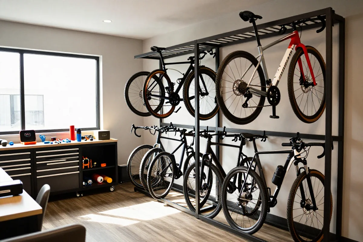 Przechowalnia rowerów w hotelu przyjaznym rowerzystom z rowerami i narzędziami.