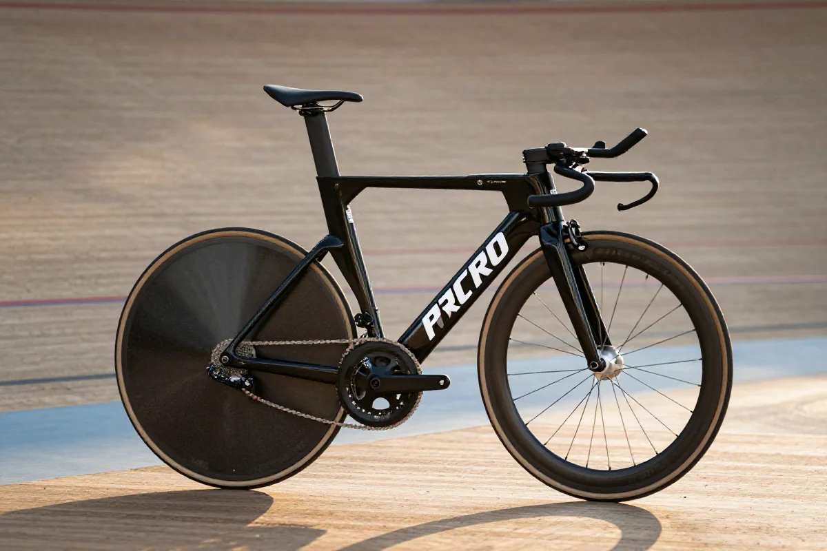 Nowoczesny rower do rekordu godzinnego na torze, aerodynamiczna konstrukcja i koła.