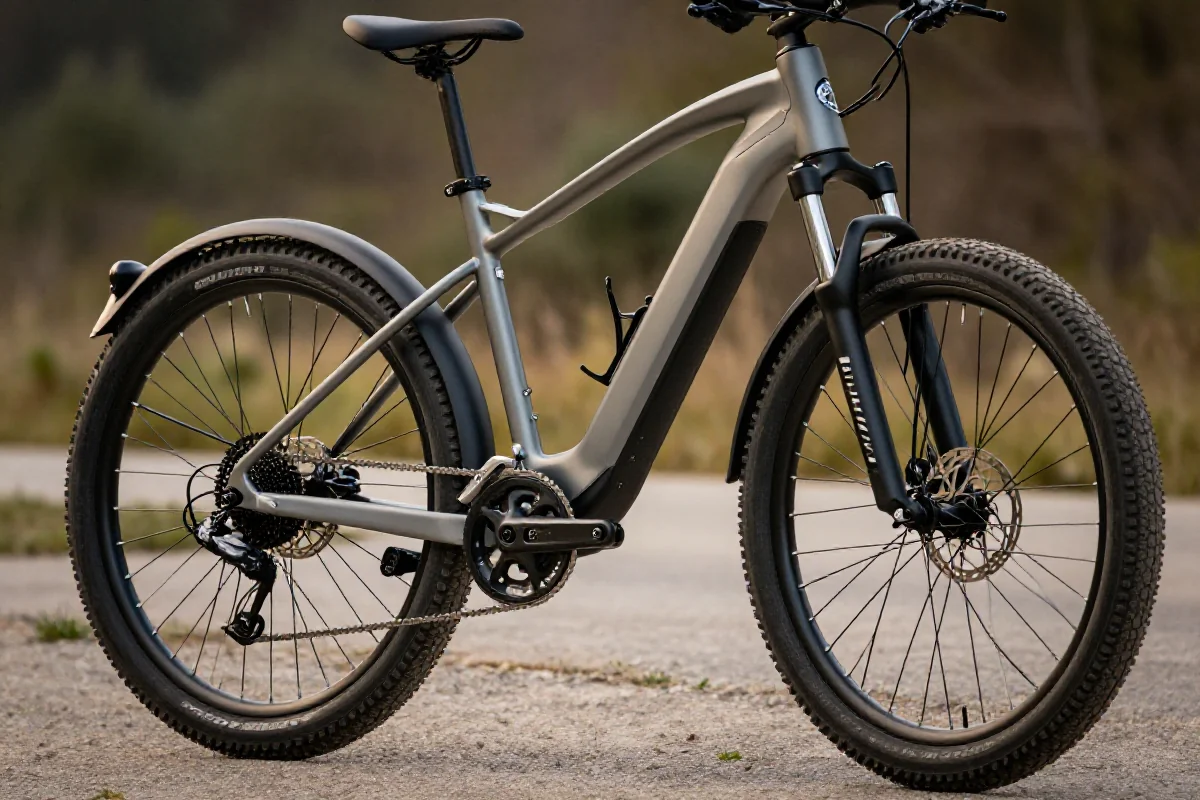 Hybrydowy e-bike w plenerze, prezentujący cechy konstrukcyjne i wszechstronność.