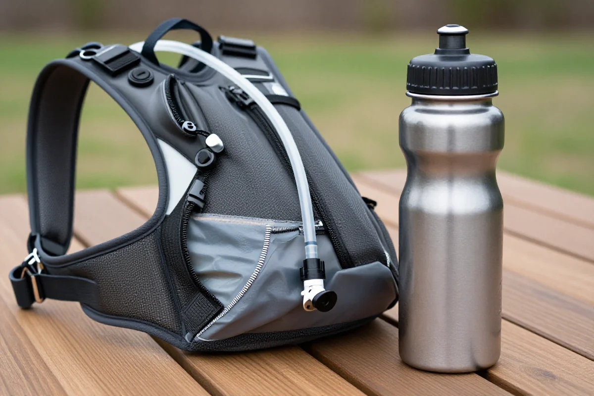 Plecak nawadniający i bidon na drewnianym stole, akcesoria do jazdy na rowerze.