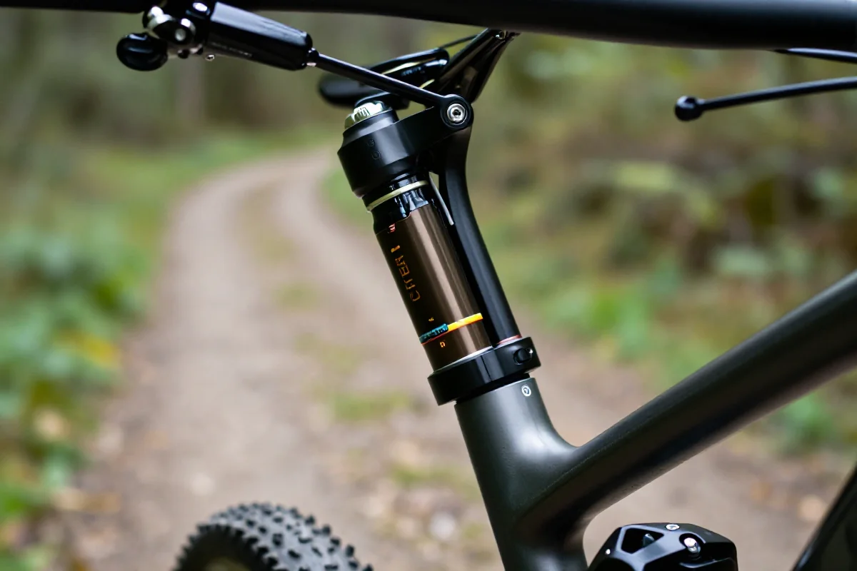 Hydrauliczny system droppera na rowerze górskim, szczegóły mechanizmu i manetki.