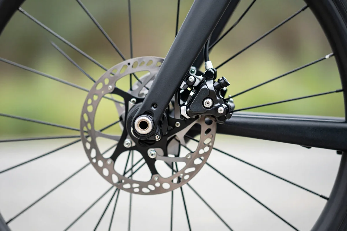 Zbliżenie hydraulicznych hamulców tarczowych na rowerze szosowym.
