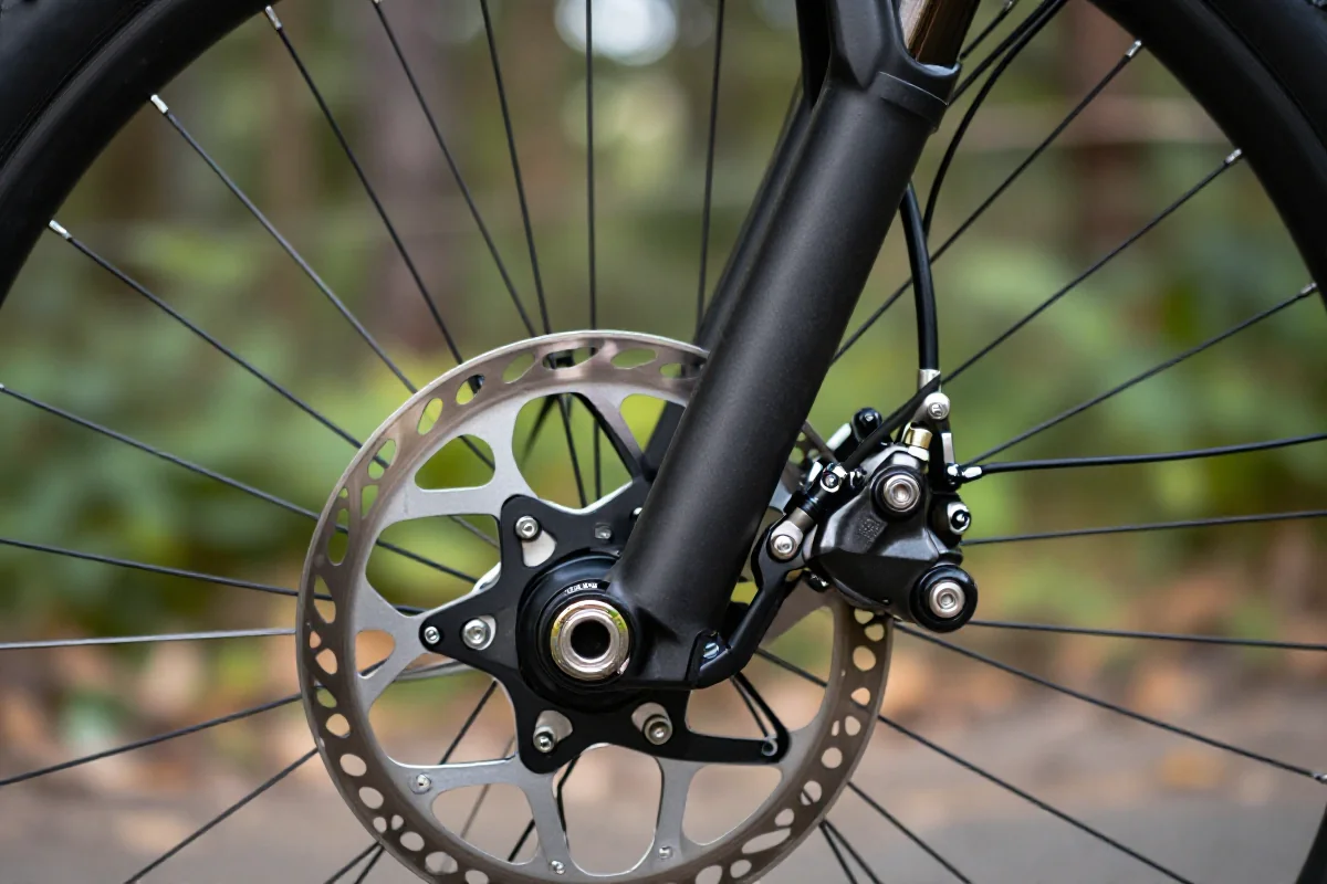 Hamulce hydrauliczne MTB z bliska, ukazujące szczegóły i mechaniczne elementy.