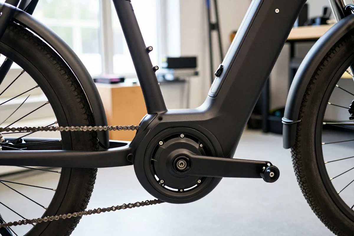 Szczegóły układu napędowego roweru elektrycznego w warsztacie.