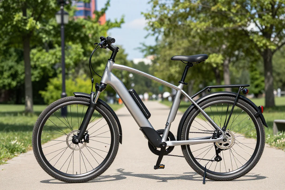 Rower elektryczny w parku miejskim, zieleń drzewa w tle.