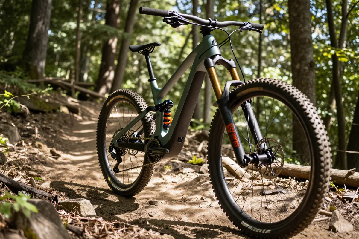 Rower elektryczny górski na trudnej leśnej trasie, ukazujący parametry techniczne.