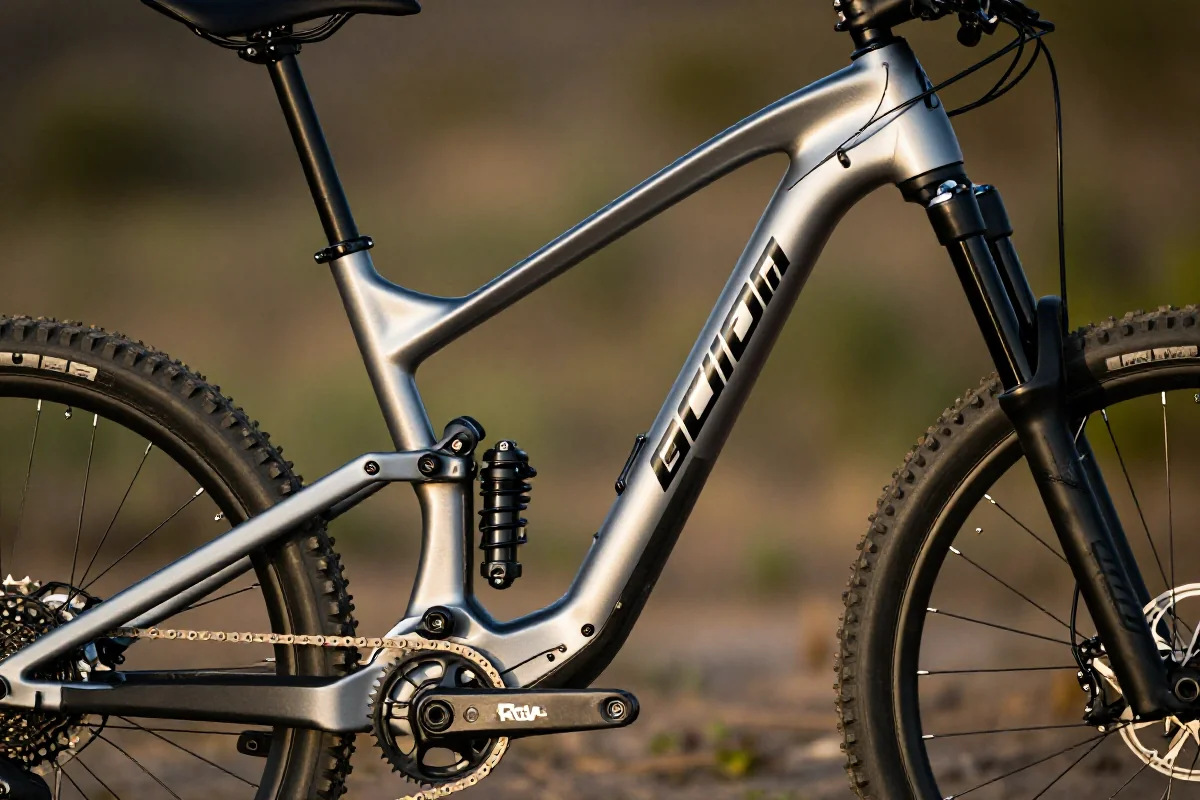 Szczegółowy widok wysokiej jakości ramy roweru górskiego w plenerze