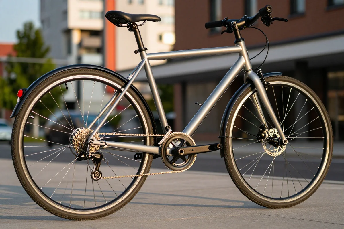 Rower miejski z aluminiową ramą i napędem 1x7 w miejskim otoczeniu.