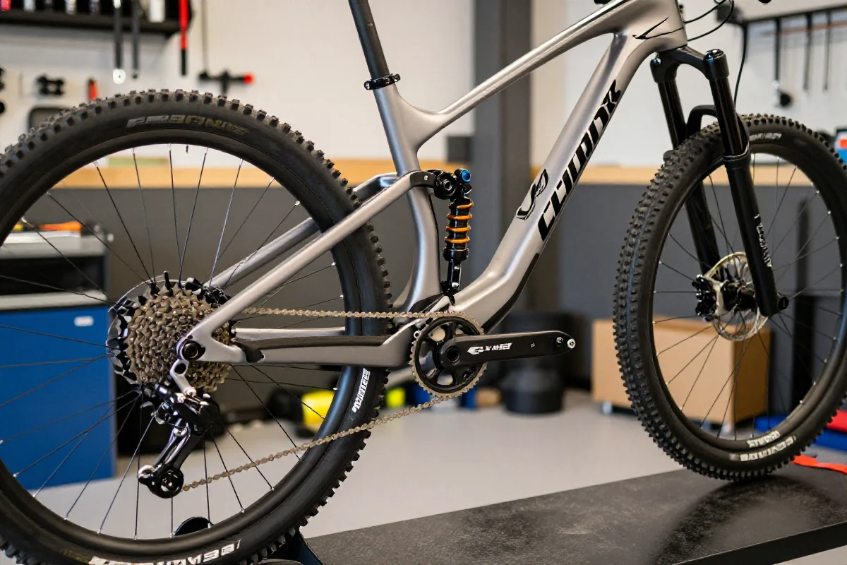 Serwis roweru górskiego w warsztacie, z bliska ukazujące komponenty MTB.