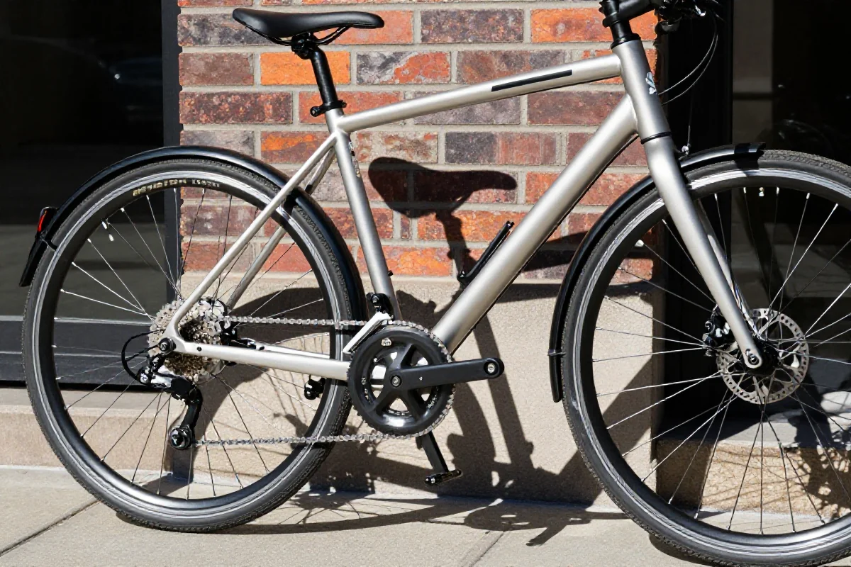 Nowoczesny rower miejski z aluminiową ramą i hamulcami tarczowymi.