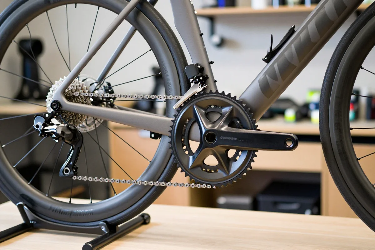 Skomplikowany napęd roweru szosowego w profesjonalnym warsztacie