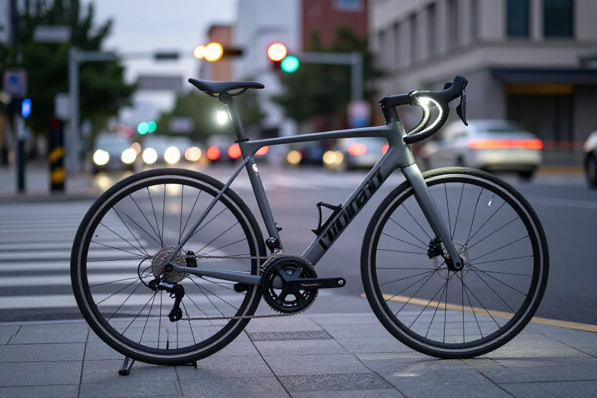 Nowoczesny rower z oświetleniem LED w miejskim otoczeniu, idealny do jazdy nocą.