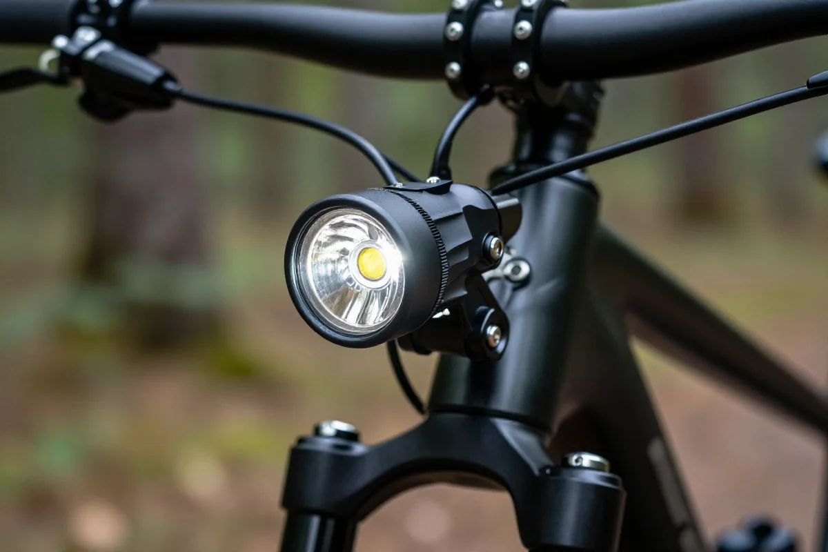 Lampka rowerowa MTB z wysoką mocą lumenów w terenie leśnym