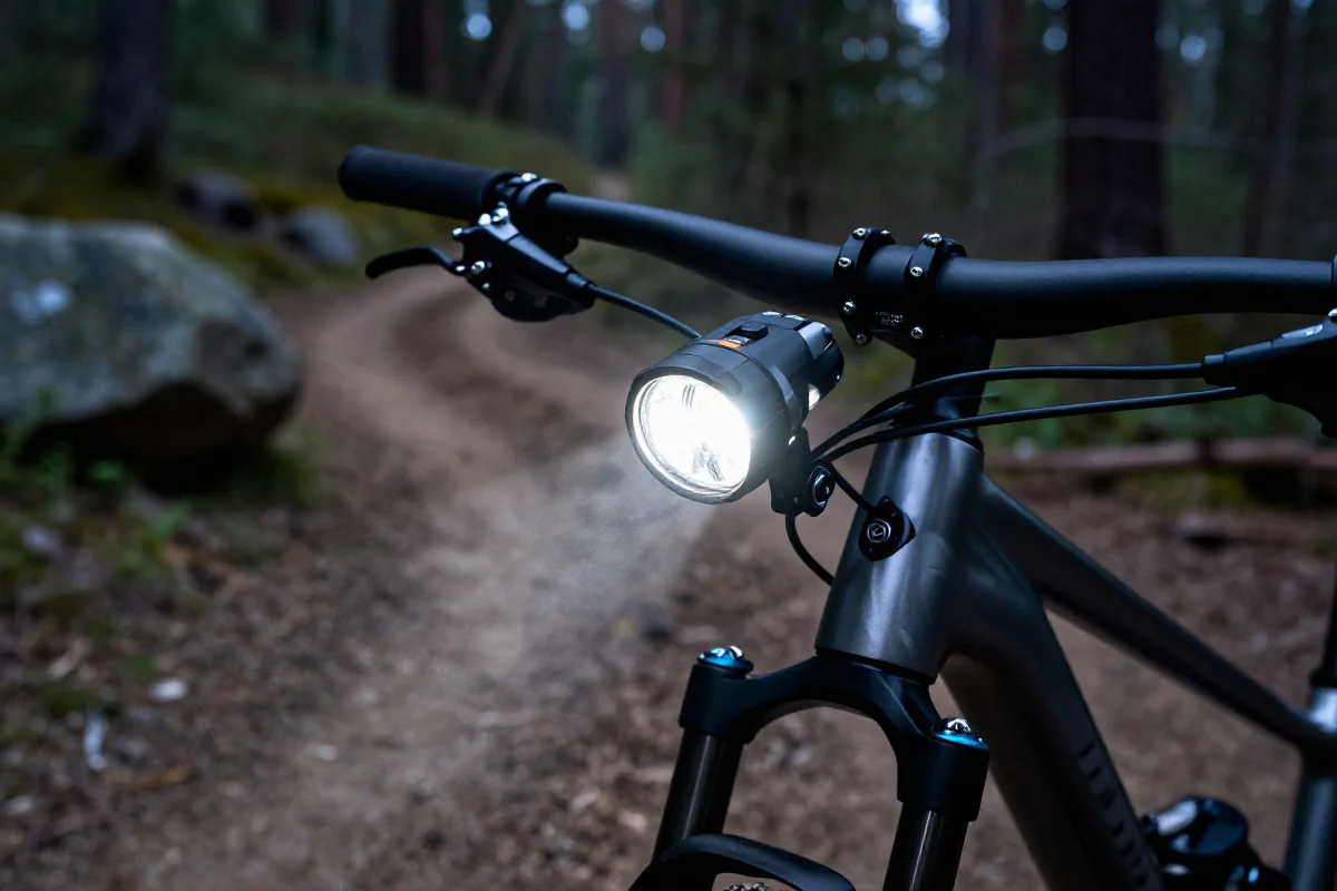 Wysokiej jakości lampka rowerowa na kierownicy z jasnym strumieniem światła.