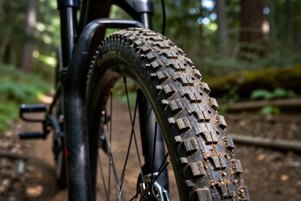 Zbliżenie na oponę roweru górskiego na trudnym terenie leśnym
