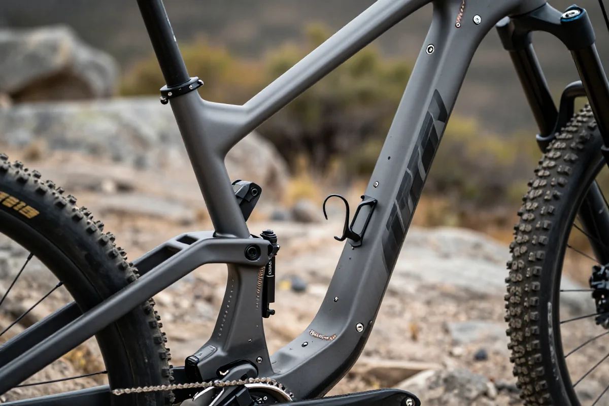 Szczegółowy widok na ramę roweru górskiego w terenie górskim