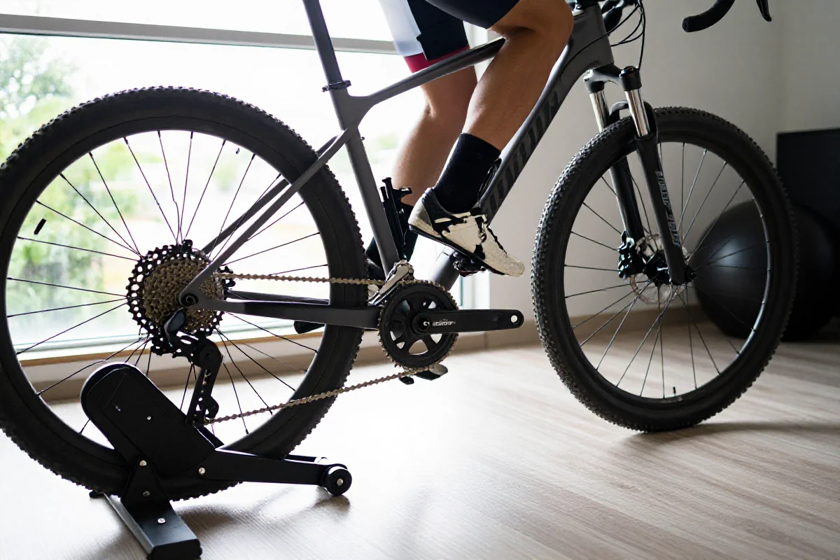 Rower górski na trenażerze smart w domowej siłowni