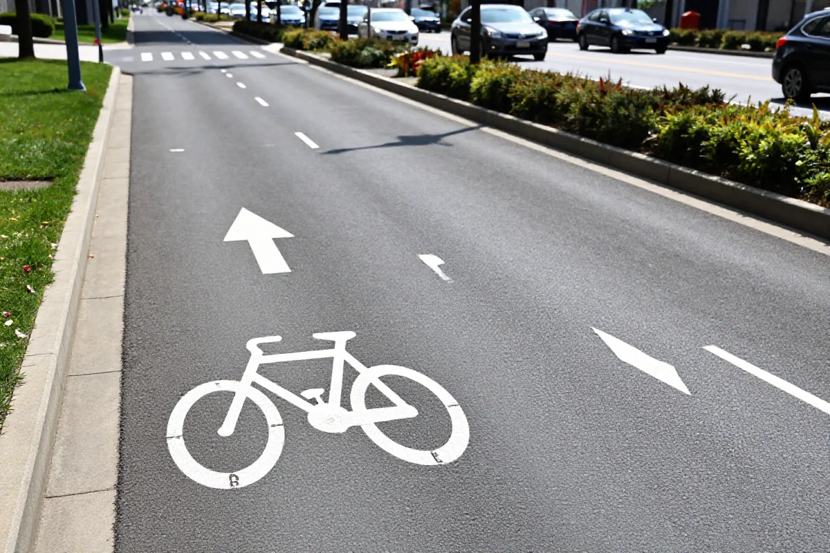 Wydzielona droga dla rowerów w mieście, zapewniająca bezpieczeństwo rowerzystów.